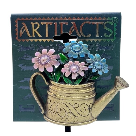 Artifacts JJ Gold Tone Watering Can Filled Pink Blue Flower 1986 Brooch Pin NEW - Picture 1 of 3